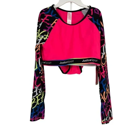 Justice Sport Girls Long Sleeve Crop Top & Bikini Set Large Pink size large