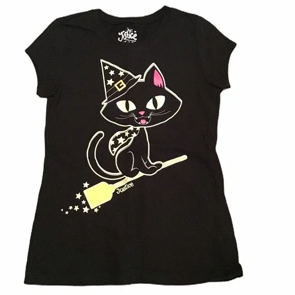Justice Halloween Glow in the Dark Wicked Witch Cat Short Sleeve Top Size 8