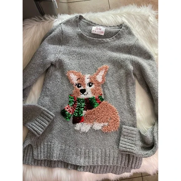 Justice Grey kids Girls Corgi Puppy Dog With Scarf Sweater Size 14/16 Used