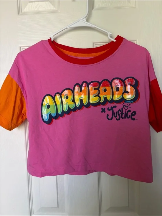 Justice Pink Crop Tee with Colorful Airheads Graphic