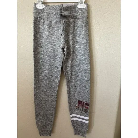 Justice Gray Pink Ombré Sequin Logo Mid Rise Full Length Joggers Pants Size 8
