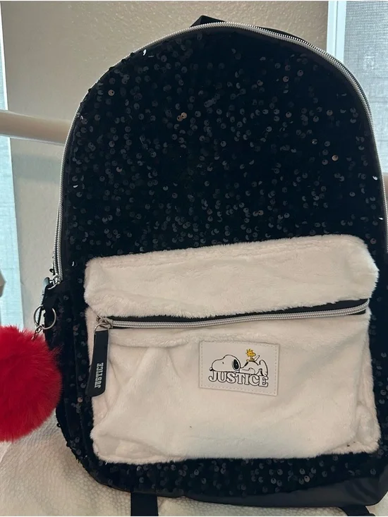 Justice Black Sequin Backpack with White Faux-Fur Pocket & Red Pom