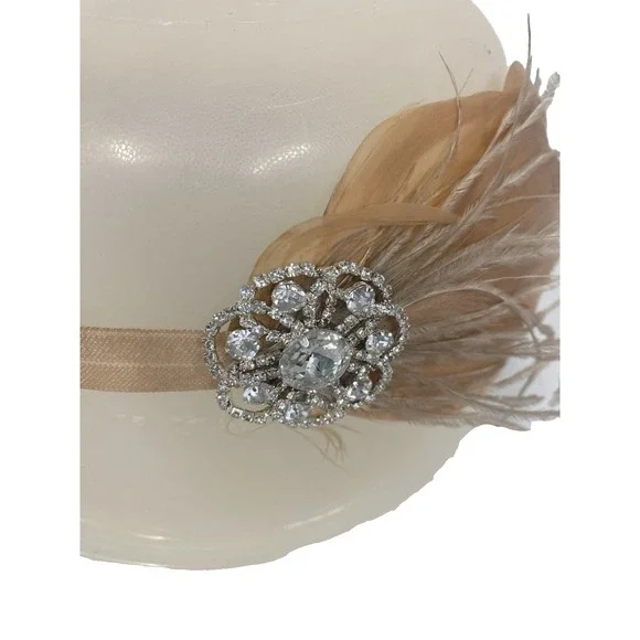 1920s womens head band piece elastic PEACH RHINESTONES costume feathers