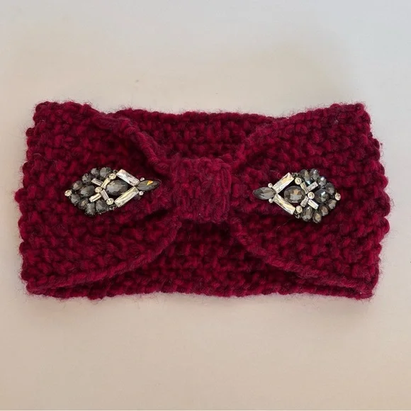 Elegant Women's Burgundy Knit Headband with Embellishments