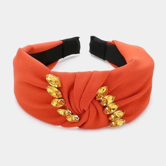 75. Orange Monochromatic Marquise Stone Fabric Embellished Knot Headband
