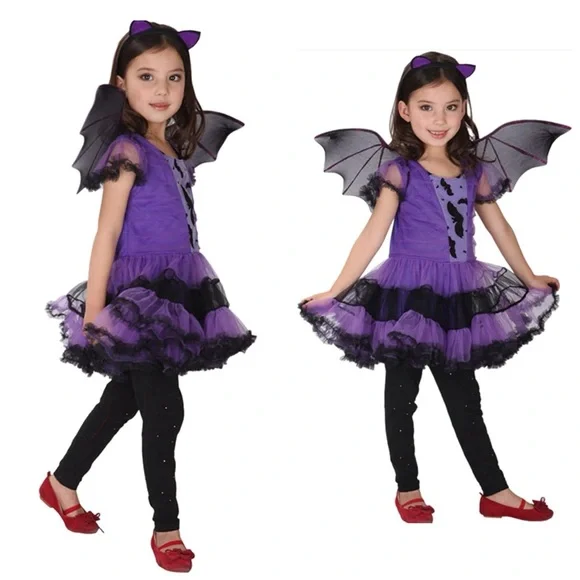 NWT Girls‎ Bat Witch Costume Halloween Cosplay Fancy Dress Up with Bat Wings XL