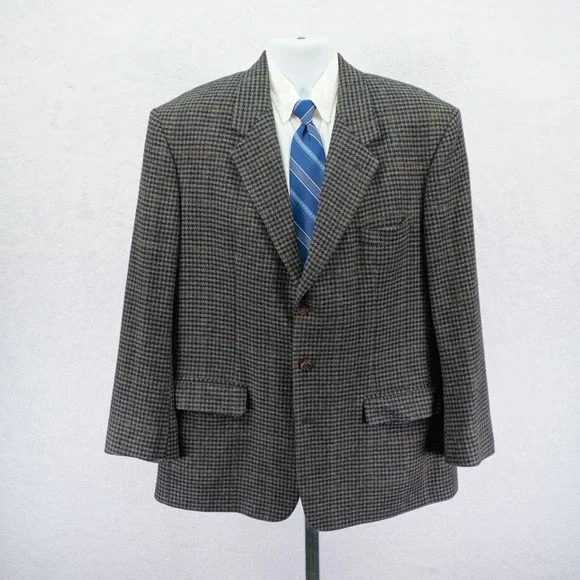 Bill Blass Signature -44R- Tweed Wool Black Gray Houndstooth W/ Brown Green Wind
