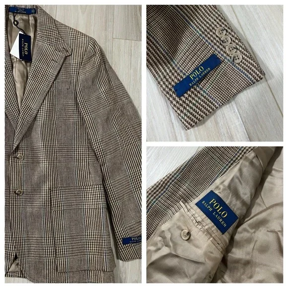 Polo Ralph Lauren 100% Linen Brown Houndstooth Constructed Tweed Blazer 40R