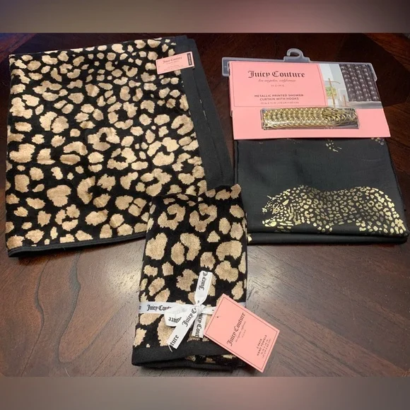 Juicy Couture Black and Gold Leopard Print Shower Curtain