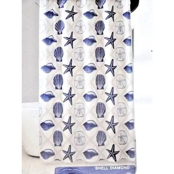 Sea Shells Diamond Shower Curtain and Roller Hooks Blue White Nautical Bath Gift