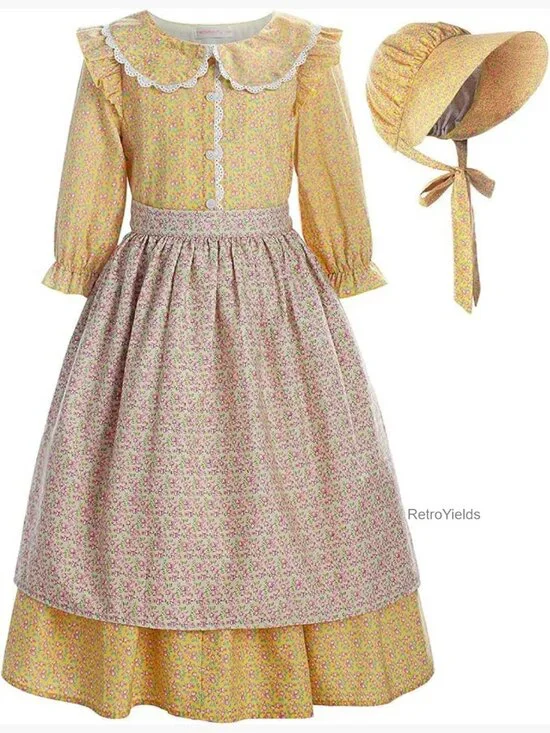 Girls Pioneer Costume Colonial Prairie Dress with Bonnet Apron