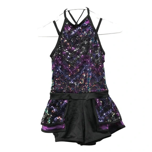 A Wish Come True Trustfall Dance Leotard Girls MC Purple Sequin Romper One Piece