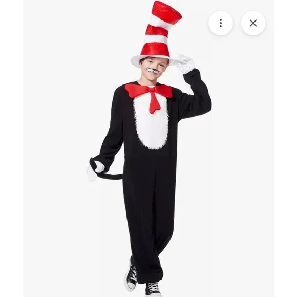 Spirit Halloween Cat in the‎ Hat Costume Set Sz L Jumpsuit Hat Dr Seuss literary