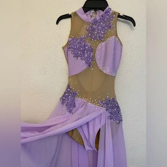 Custom solo dance costume lavender purple illusion leotard maxi dress stoned MA