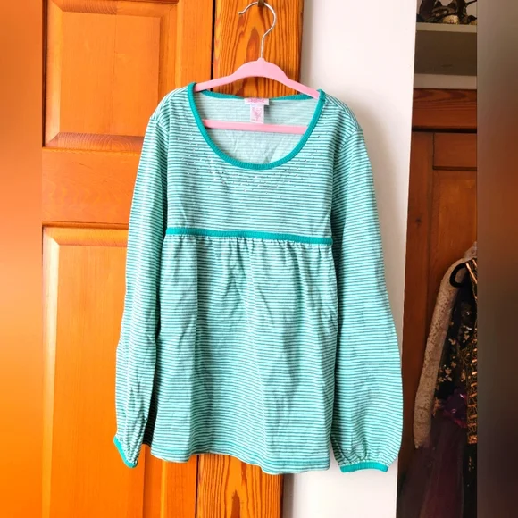 Justice Light & Dark Teal Green Striped Long Sleeve Babydoll Top Shirt Gems 8