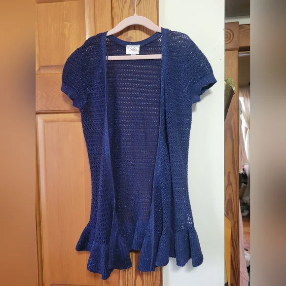 NWOT Girls Justice Navy Short-Sleeve Open Front Cardigan Sweater Ruffle Hem 8