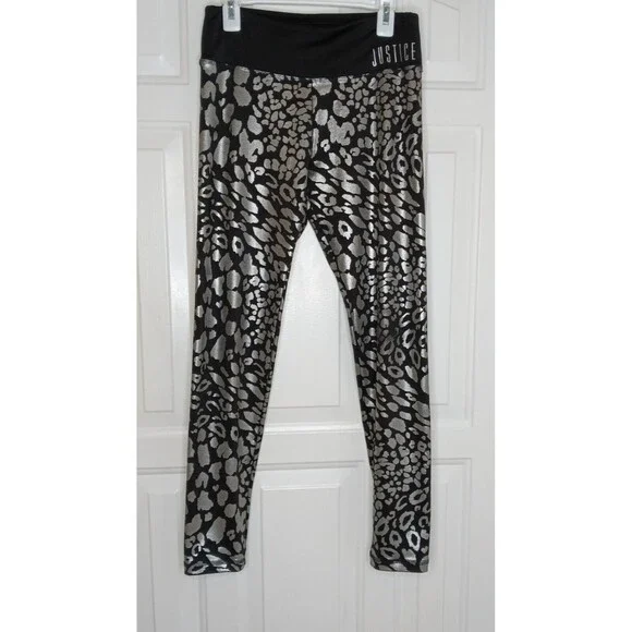 Girl's Justice Active Sport Leggings Size 14 Black Silver Leopard Print Pants