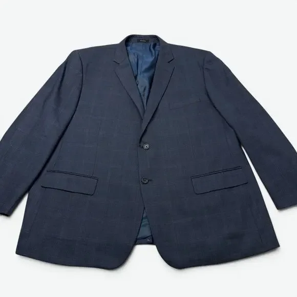 Joseph Feiss Gold Blazer Mens 54R Blue Windowpane Plaid Wool Suit Jacket