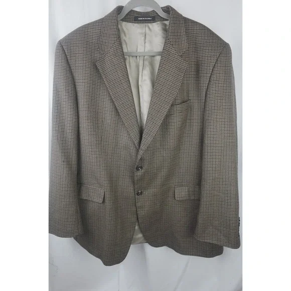 Robert Stock 46R Silk Wool‎ Blend Houndstooth Tan Brown Check Sport Coat Blazer