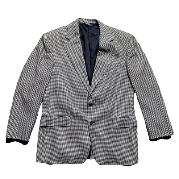 Vintage Polo Ralph Lauren Houndstooth Silk Cotton Mens Sz 41R Black Gray Blazer