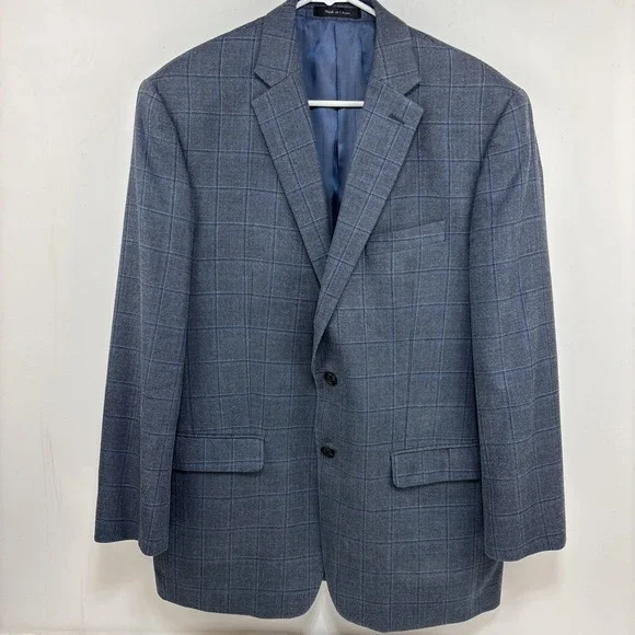 Ralph Lauren Mens Wool Silk Blazer Gray Blue Windowpane‎ Plaid Suit Jacket 42R