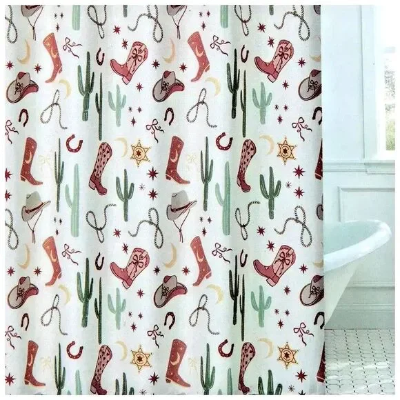 Cowboy Fabric Shower Curtain Boots Hats Lasso Cactus Star Polyester Bath Gift