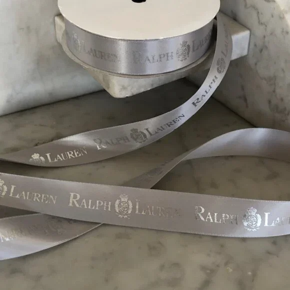 RALPH LAUREN Monogram Silver Gray Satin Ribbon Roll RARE @ 15 ft Spool N…