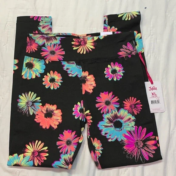 Justice Girls XL Neon Black Multi-Color Daisy Floral Full Length Leggings NWT