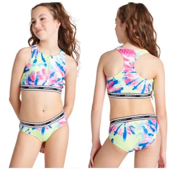 Justice Girls 2pcs Sport Zip Bikini Logo Accents Swimsuit Size L(12/14)