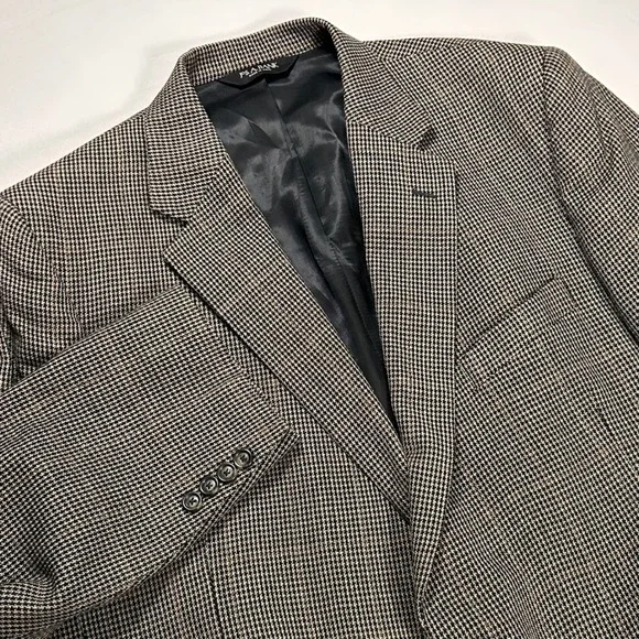 Jos A Bank Blazer Mens 46R Portly Silk Wool Houndstooth Sport Coat Brown Black‎
