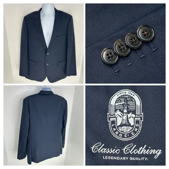 Lands End‎ Blazer Size 42R Navy Wool Tailored Fit Suit Jacket Office Career
