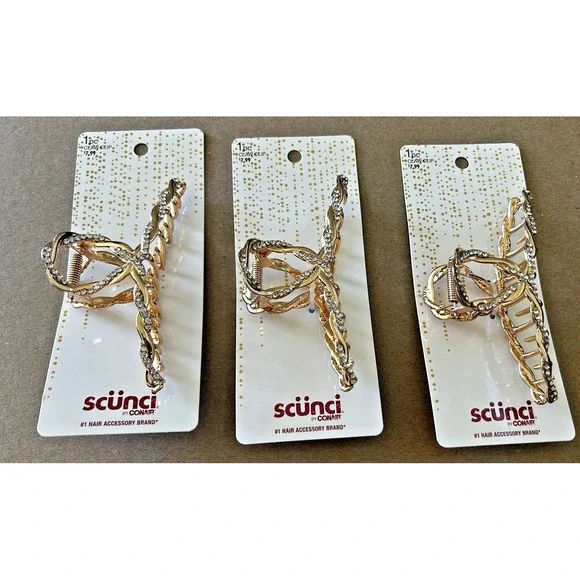 Scunci Claw Clip Crystal Gold Tone Styling Hair Clip Lot of 3 Beautiful 4.5