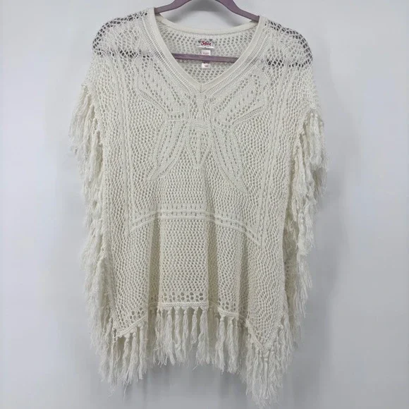 Justice Girls Ivory Crochet Butterfly Fringe Poncho Top Shimmer Knit Size 8/10