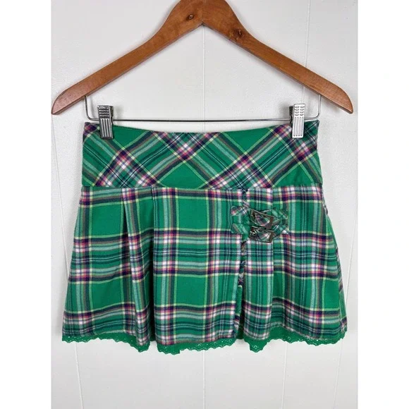 Y2K Justice Green Plaid‎ Pleated Mini Skorts Kilt Style Buckle Girls Size 12