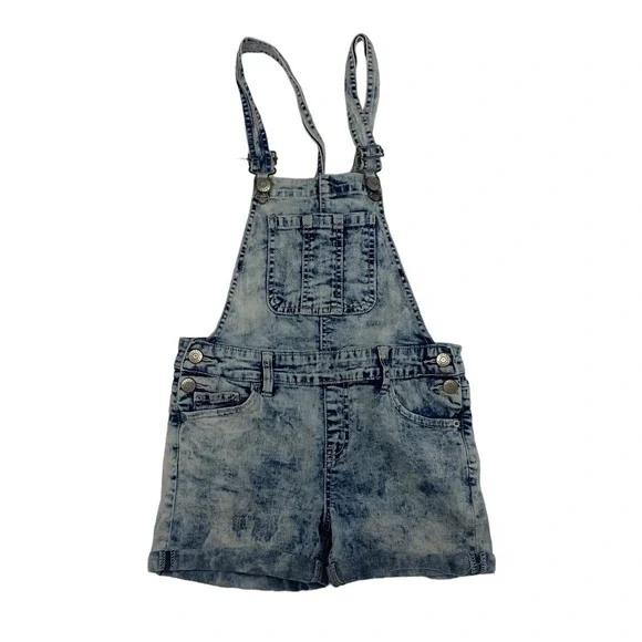 Justice Girls Shortalls Overalls Shorts Sz 12 Denim Blue Jean Acid Wash Stretch