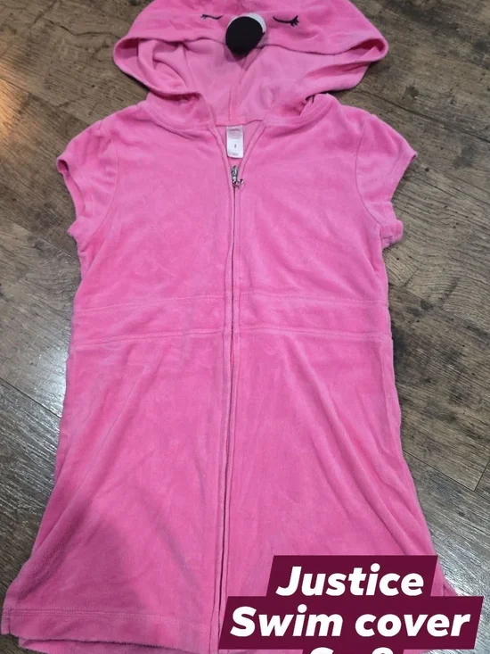 Justice Hot Pink Hooded Zip-Up Cover-Up with Heart Pull