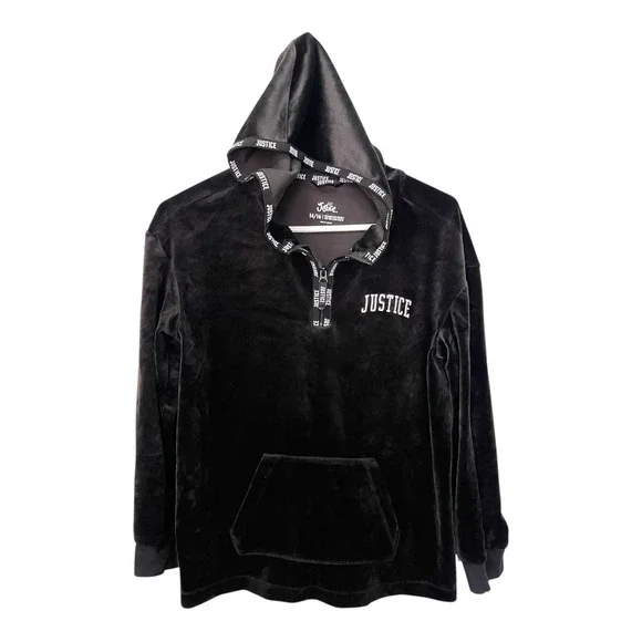 Justice 14/16 Black Velour Hoodie Quarter Zip Logo Taping Y2K Athleisure Sporty
