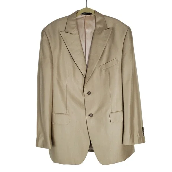 Sean John 43R 37R Gold Beige Silk Wool Two-Piece Suit Blazer Pants Career Formal