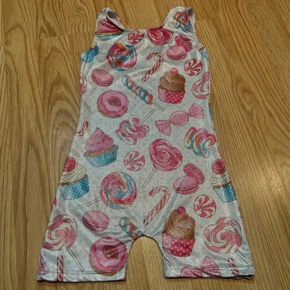 Girls Candy Sweets Print Glitter Gymnastics Biketard Unitard Size 130 Pink Blue