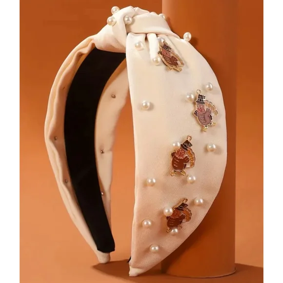 Ivory Top Knot Headband with Faux Pearls and Thanksgiving Turkey Charms