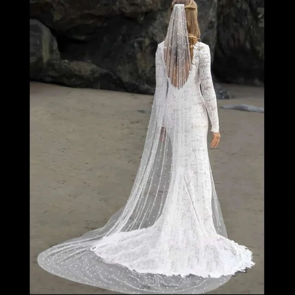 Cathedral length all over pearl‎ veil bride wedding