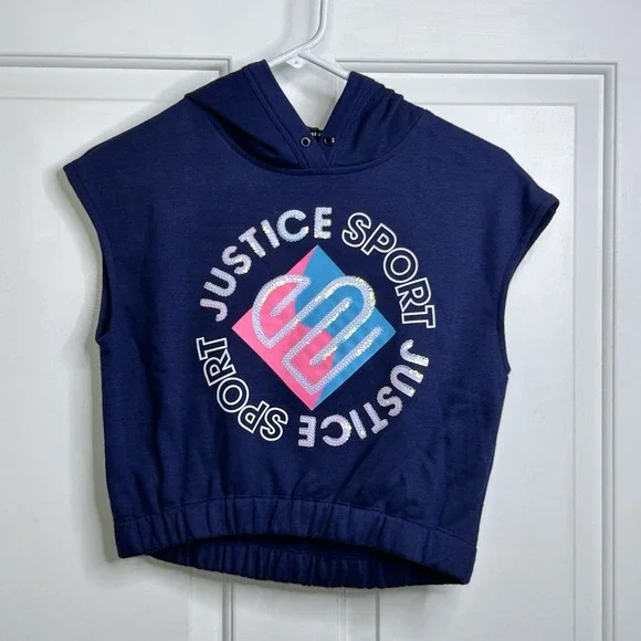 Justice Sports Cutoff Hoodie Girls Medium 10 Blue Pink White Sequins Sleeveless