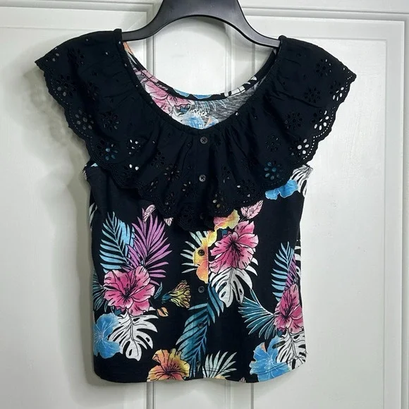Justice Ruffle Neckline Tank Girls Medium 10 Tropical Black Multicolored Floral