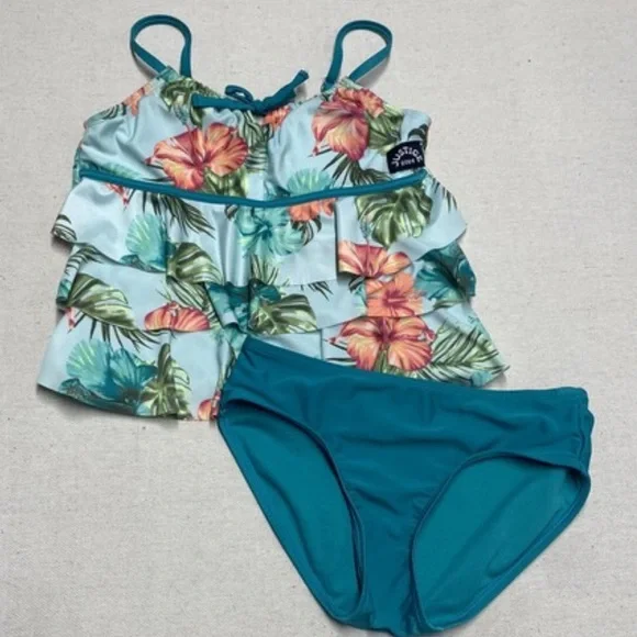 Justice Girls Teal Tropical Ruffle Tankini Swimsuit 2-Piece Small (Tag Removed)