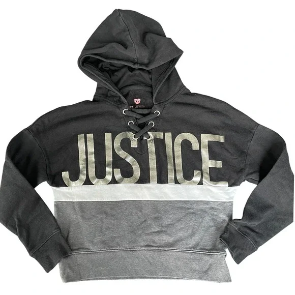 Justice Cropped Hoodie Sweatshirt Girls 12 Black Gray 90s Y2K Casual Athleisure