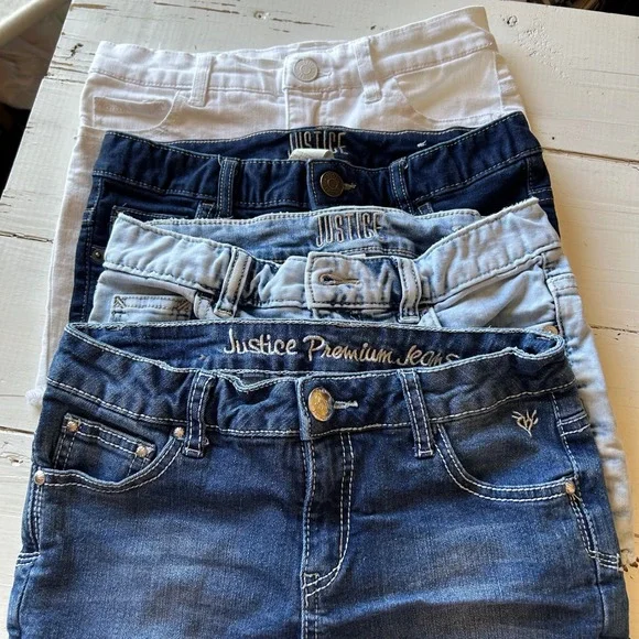 Justice Girls Denim Shorts Bundle Size 12 Lot of 4 White Blue Sequin Pocket Hem