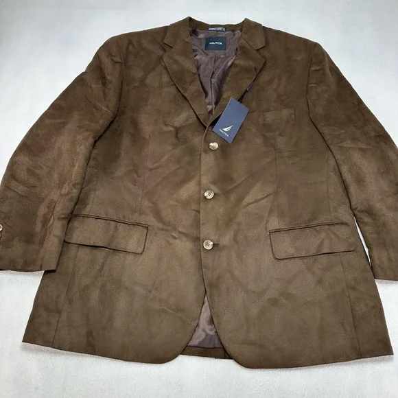 Nautica Sport Coat Mens 48R Brown Faux Suede Blazer‎ Jacket Three Button Prep