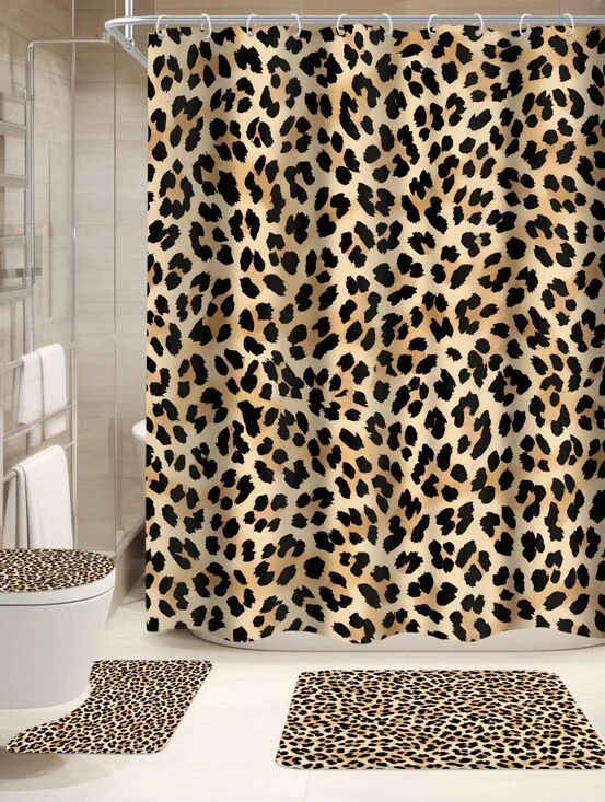 Animal Print Shower Curtain, Bath Mats,  4 Piece Bathroom Set
