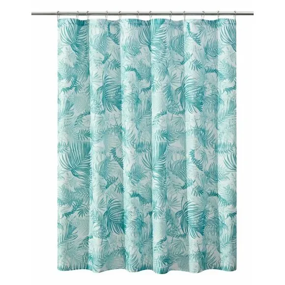 Tropical Green Palm Leaves Fabric Shower Curtain Ribbed Striped Textured Bath