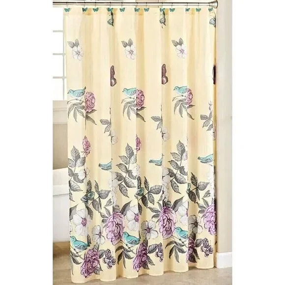 Valentina Butterfly Flowers Shower Curtain Blue Birds Pale Yellow Bath Gift NEW
